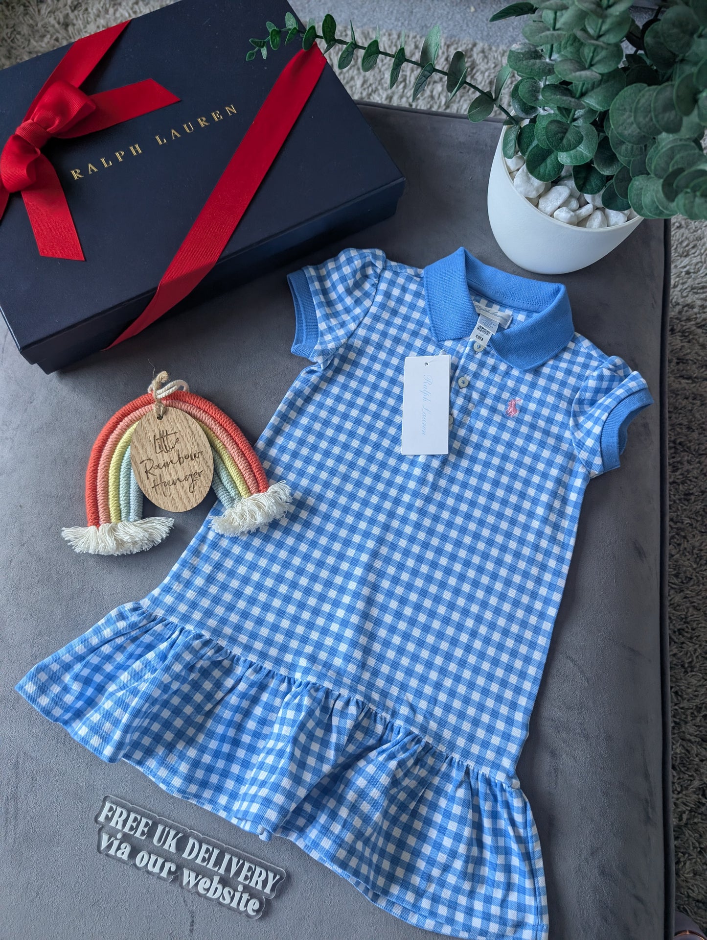 New Ralph Lauren Girls Blue Checked Polo Frill Summer Cute Dress Gift 18-24m