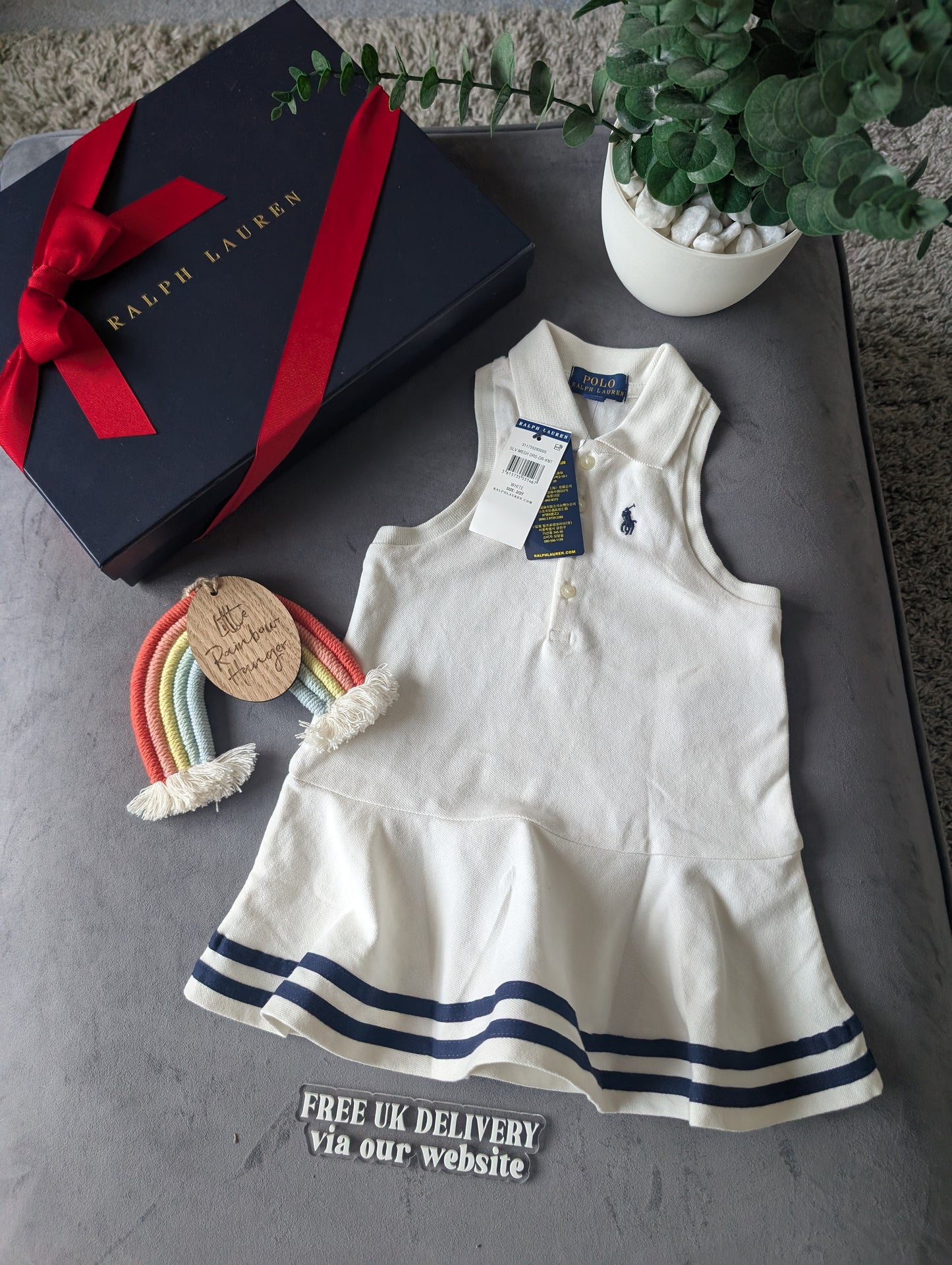 New Ralph Lauren Girls White Navy Stripe Polo Frill Sleeveless Dress Gift Age 2y