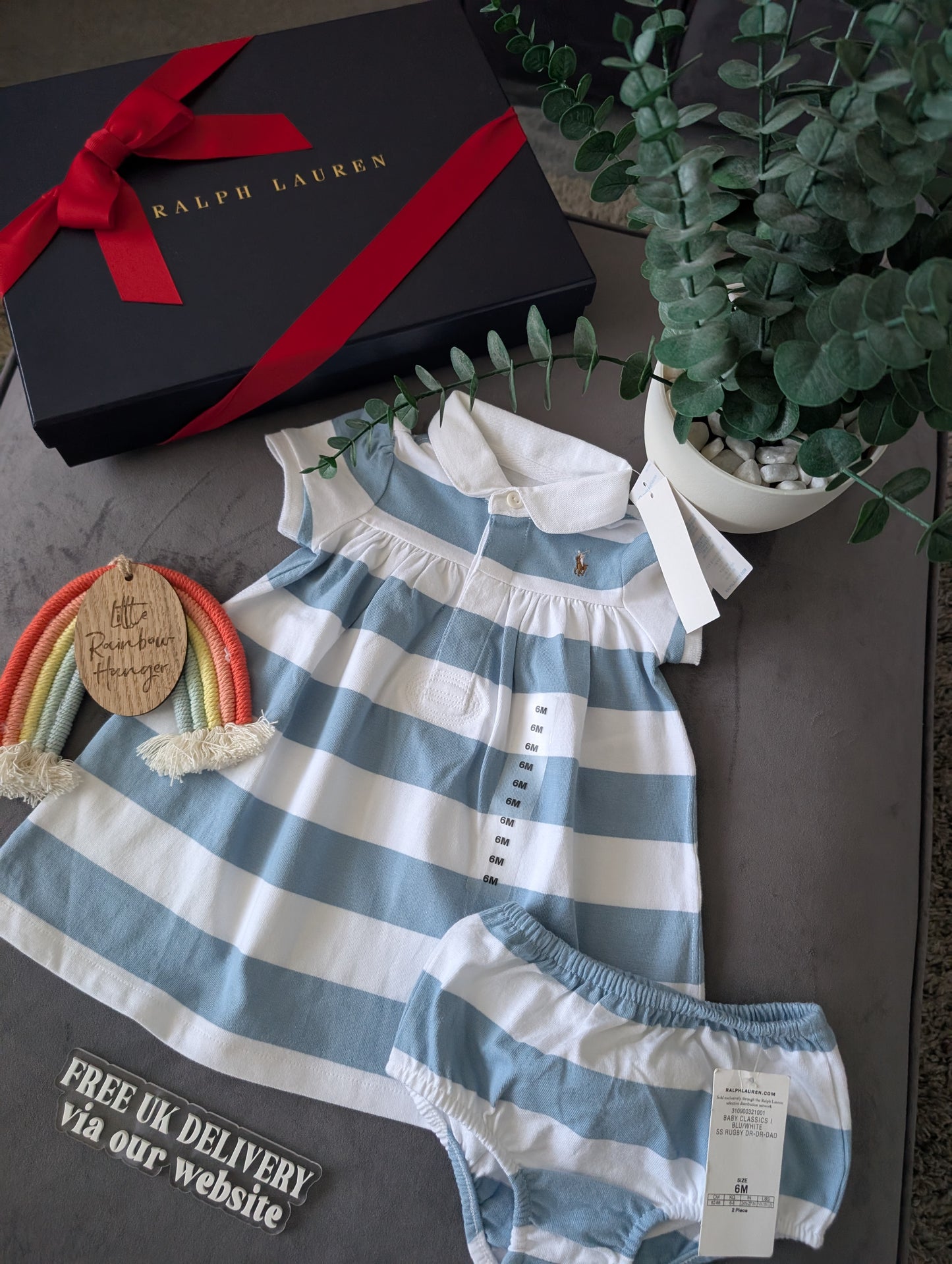 New Stunning Ralph Lauren Baby Girls Blue Cute  Stripe Dress + Bloomer 3-6m Gift