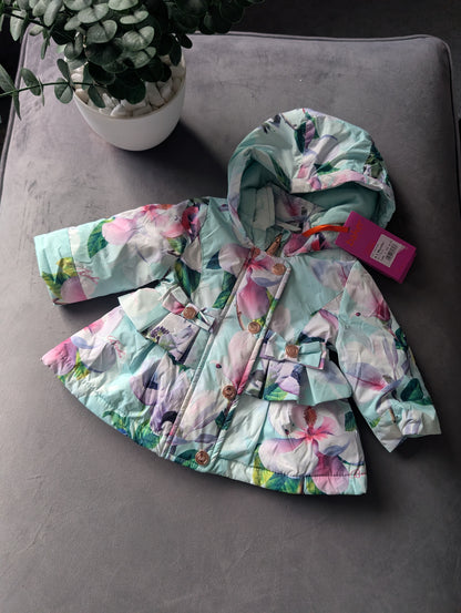 New Ted Baker Gorgeous Teal Floral Rain Coat Fleece Lined Floral Gift 0-3 Pretty