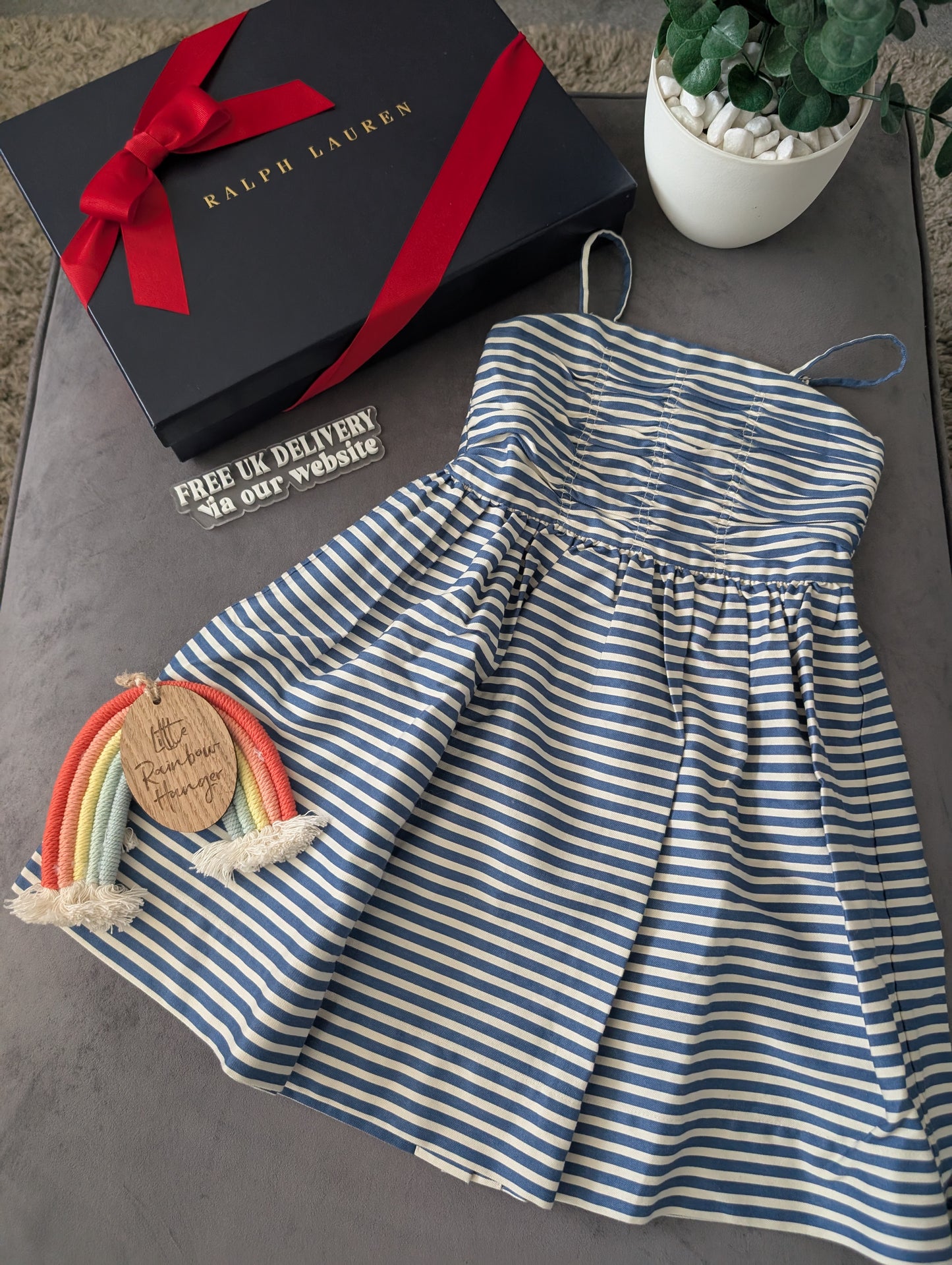 New Ralph Lauren Girls White Navy Stripe Polo Frill Stripe Strappy  Dress 5yr