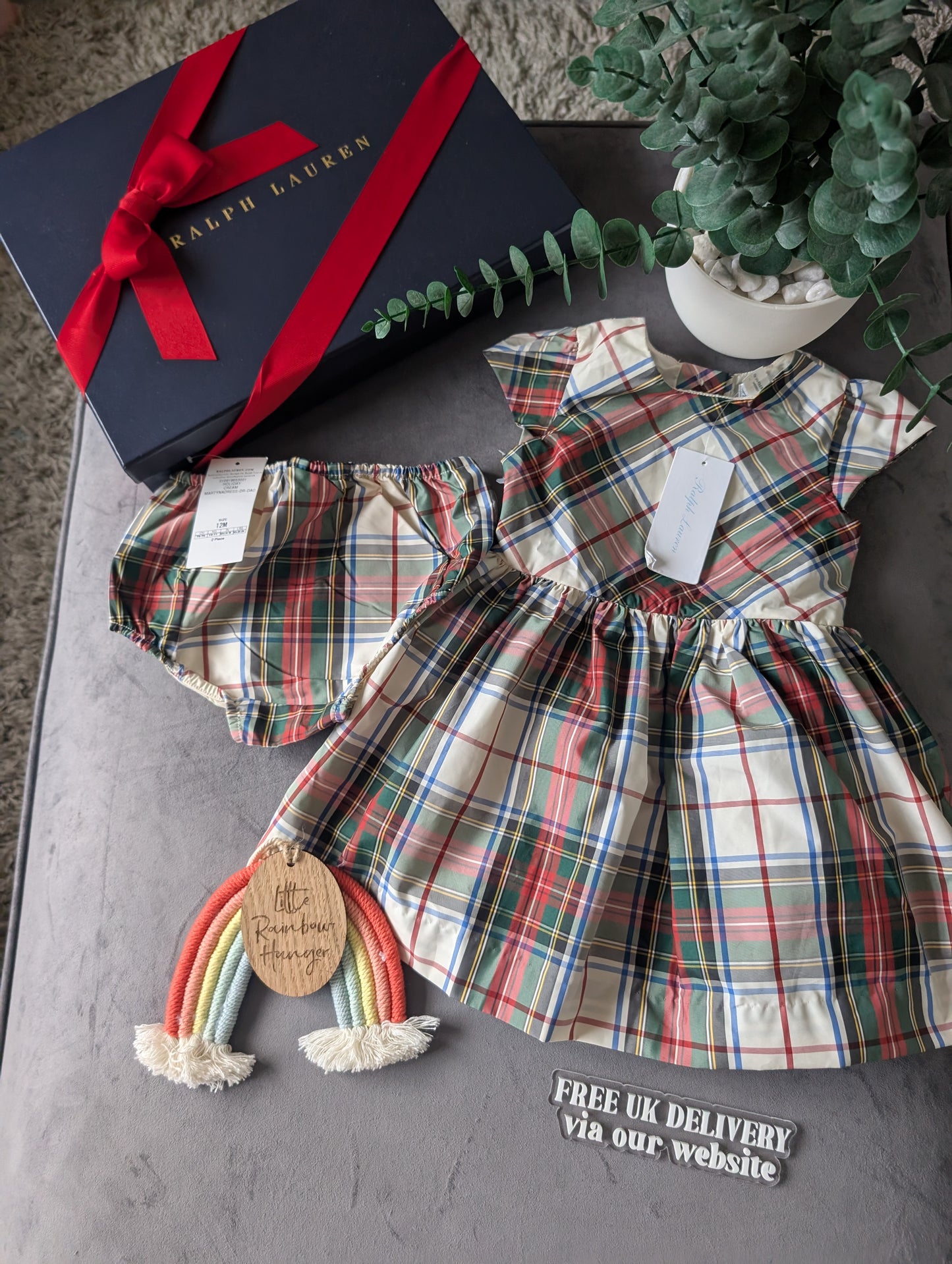 New Ralph Lauren Girls Tartan Plaid Pretty Black Vincenza Dress Ivory Gift 9-12m