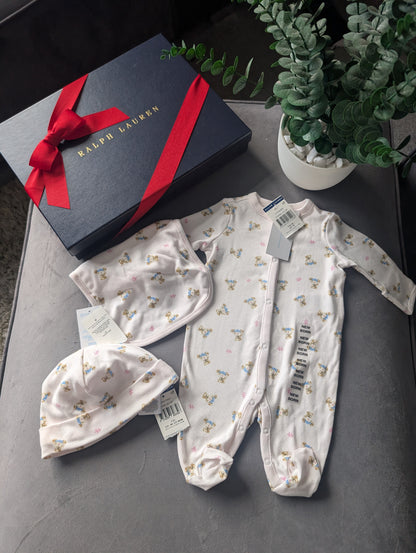 New Ralph Lauren Girls Pink Baby 3 Piece Gift Set Baby Bear Newborn Gift Ivory