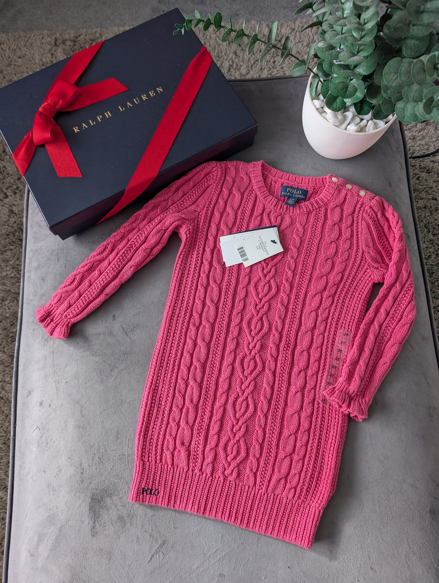 New Ralph Lauren Baby Girl Pink Knitted Cable Dress Occasion Gift 18-24m Cute