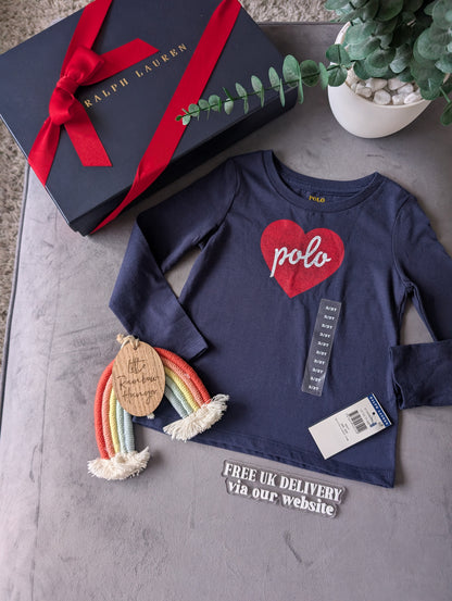 New Ralph Lauren Girls Heart Long Seeve T Shirt 3yr Smart Navy Cute Gift