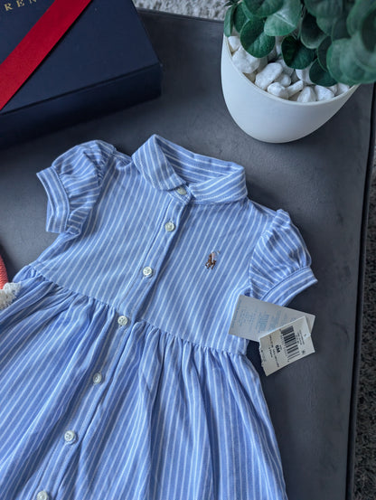 New Ralph Lauren Baby Girl Oxford Mesh Dress Blue Stripe Pretty Cute 3-6m Gift