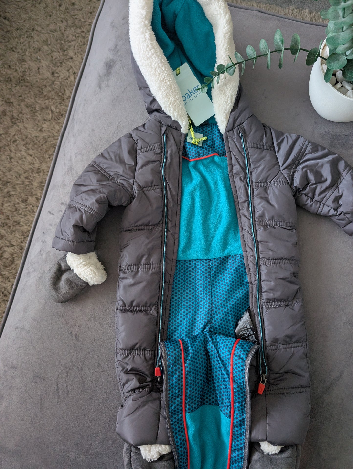 New Baby Boy Ted Baker Snowsuit All In One Suit 3-6 Months Grey Faux Fur Fleece