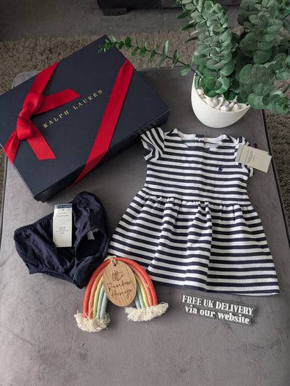 new polo Ralph Lauren French Navy/White Stripe dress Girls Age 0-3M ribbed smart