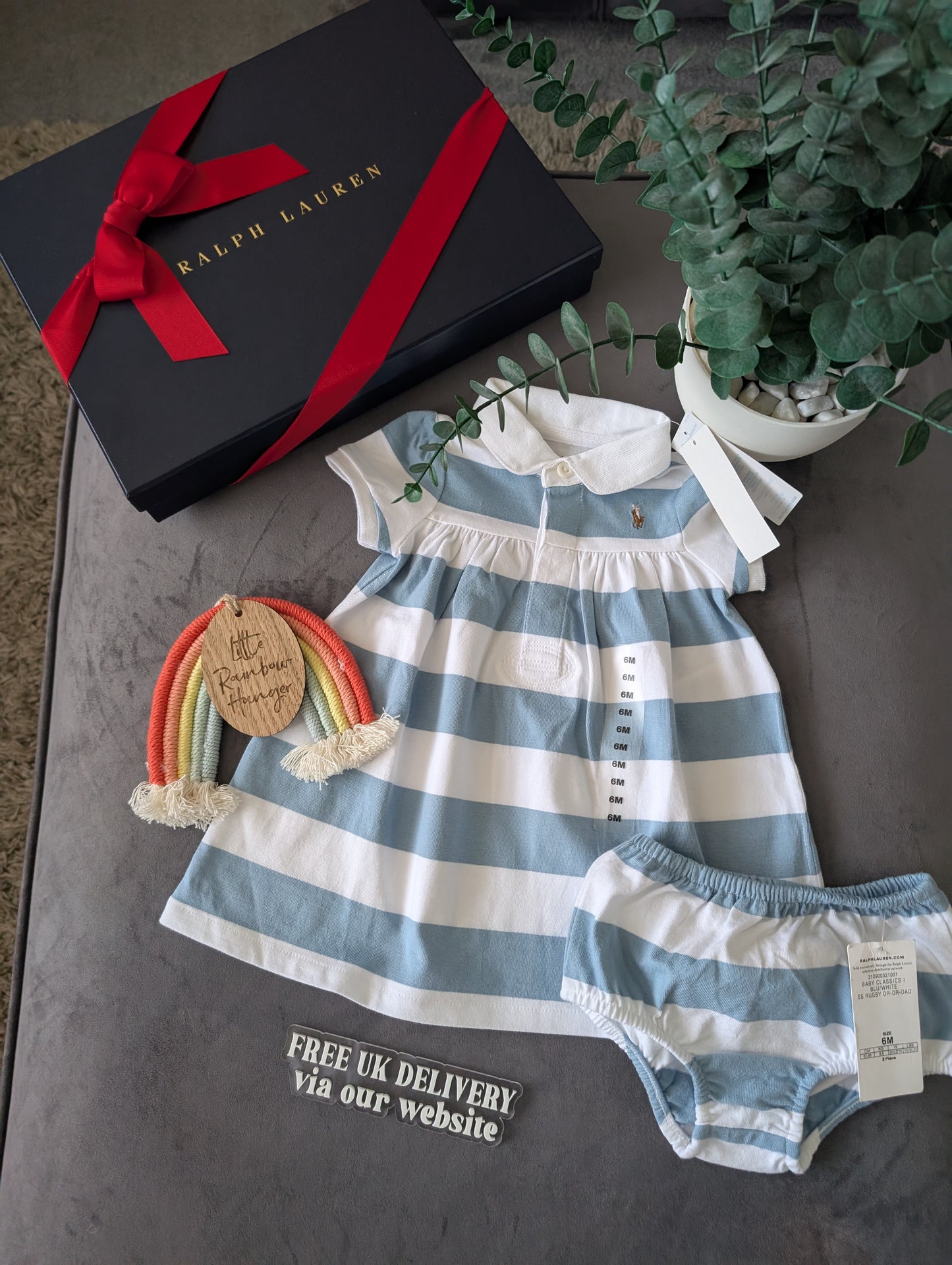 New Stunning Ralph Lauren Baby Girls Blue Cute  Stripe Dress + Bloomer 3-6m Gift