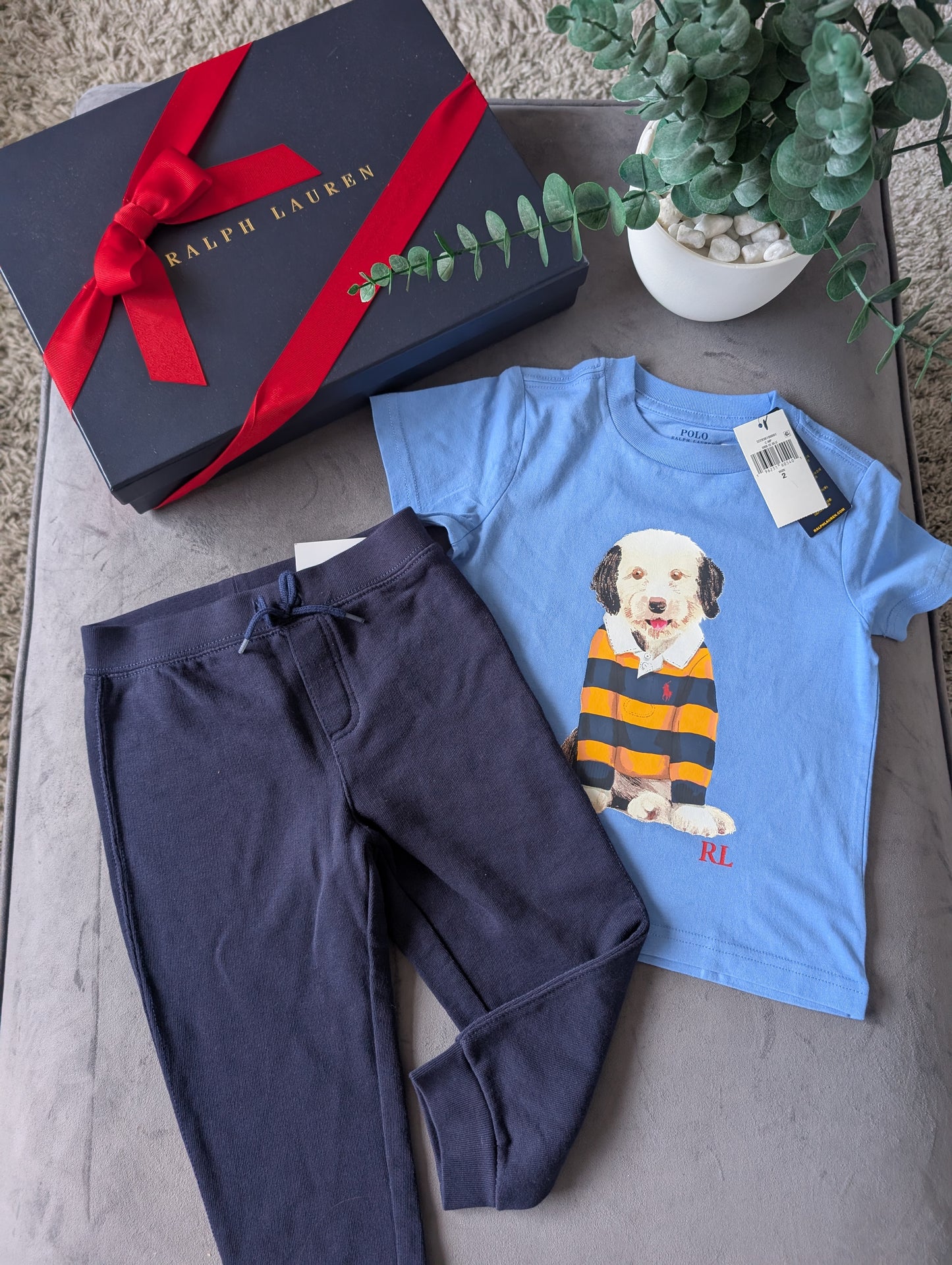 New Ralph Lauren Boys Gorgeous Joggers + Blue Dog T Shirt Outfit Set Smart 2yrs