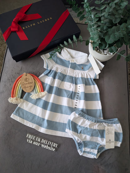 New Stunning Ralph Lauren Baby Girls Blue Cute  Stripe Dress + Bloomer 3-6m Gift