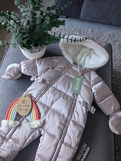 Ted Baker Silver Padded Ruffle Trim Snowsuit & Mittens Set Age 3-6mths BNWT £54