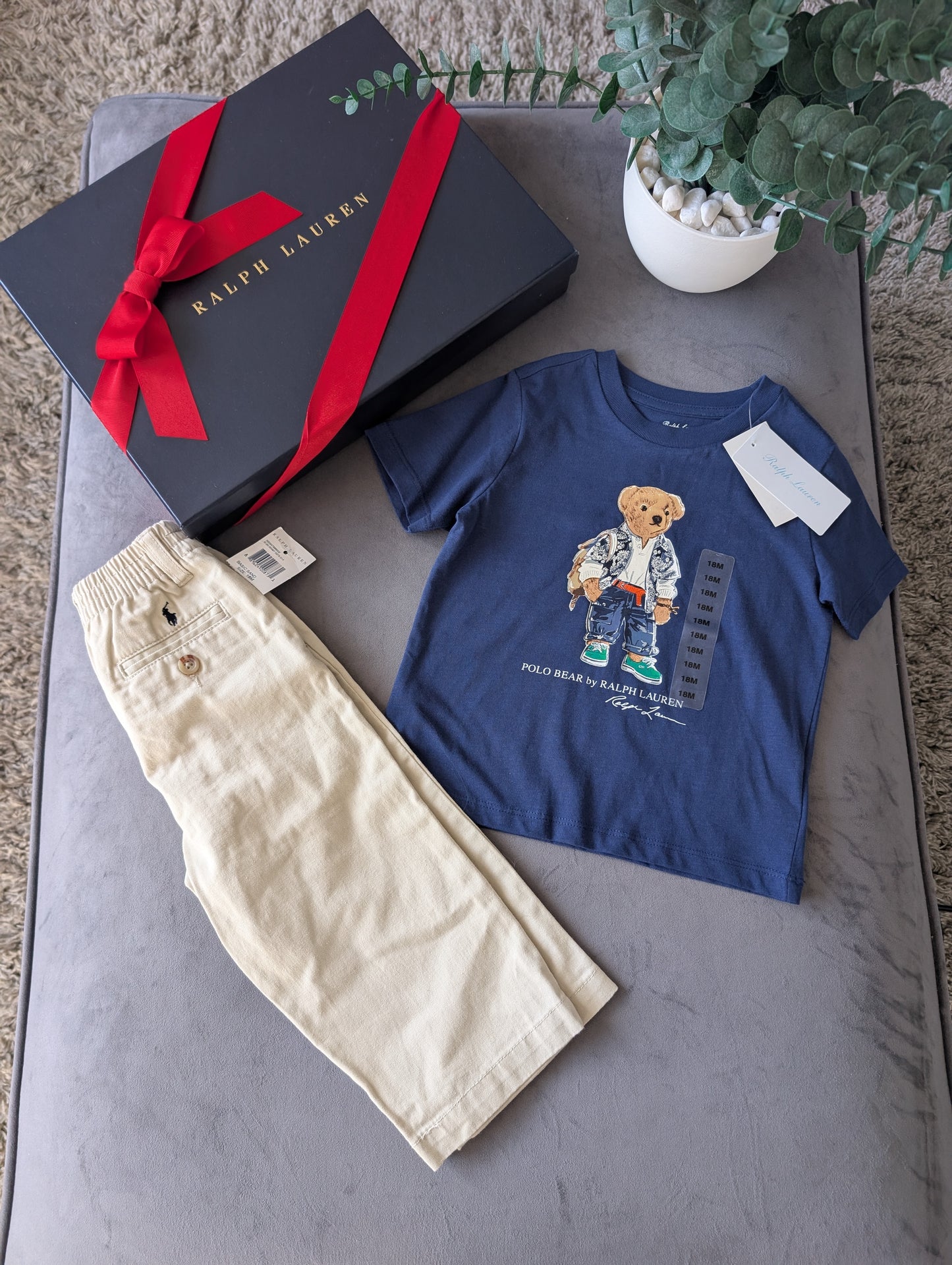 New Polo Ralph Lauren Cute Bear Navy Polo Bear  T-Shirt + Chino Outfit 18m Gift