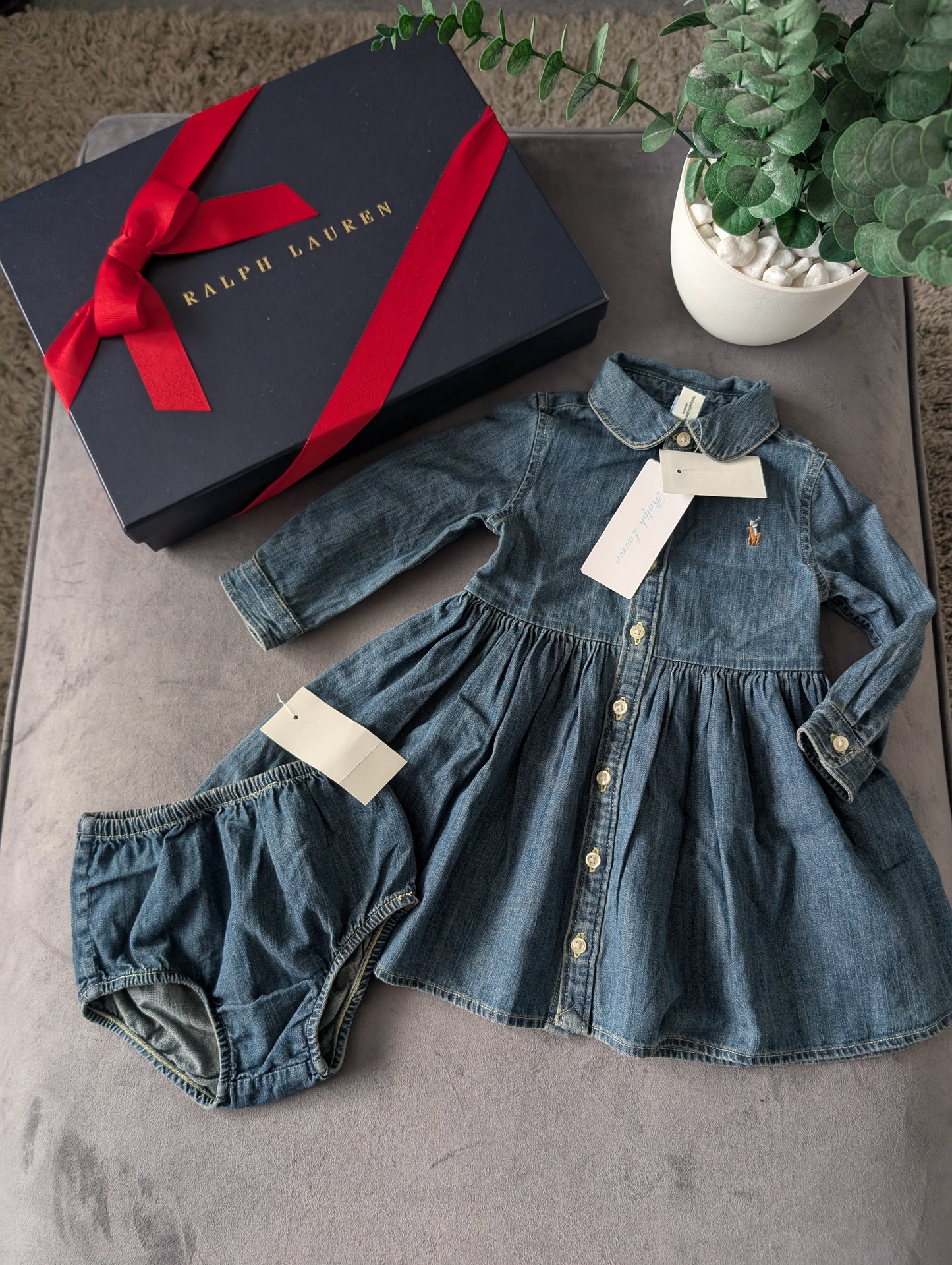 New Ralph Lauren girls denim style shirt dress occasion 6-9m Baby Gift £90