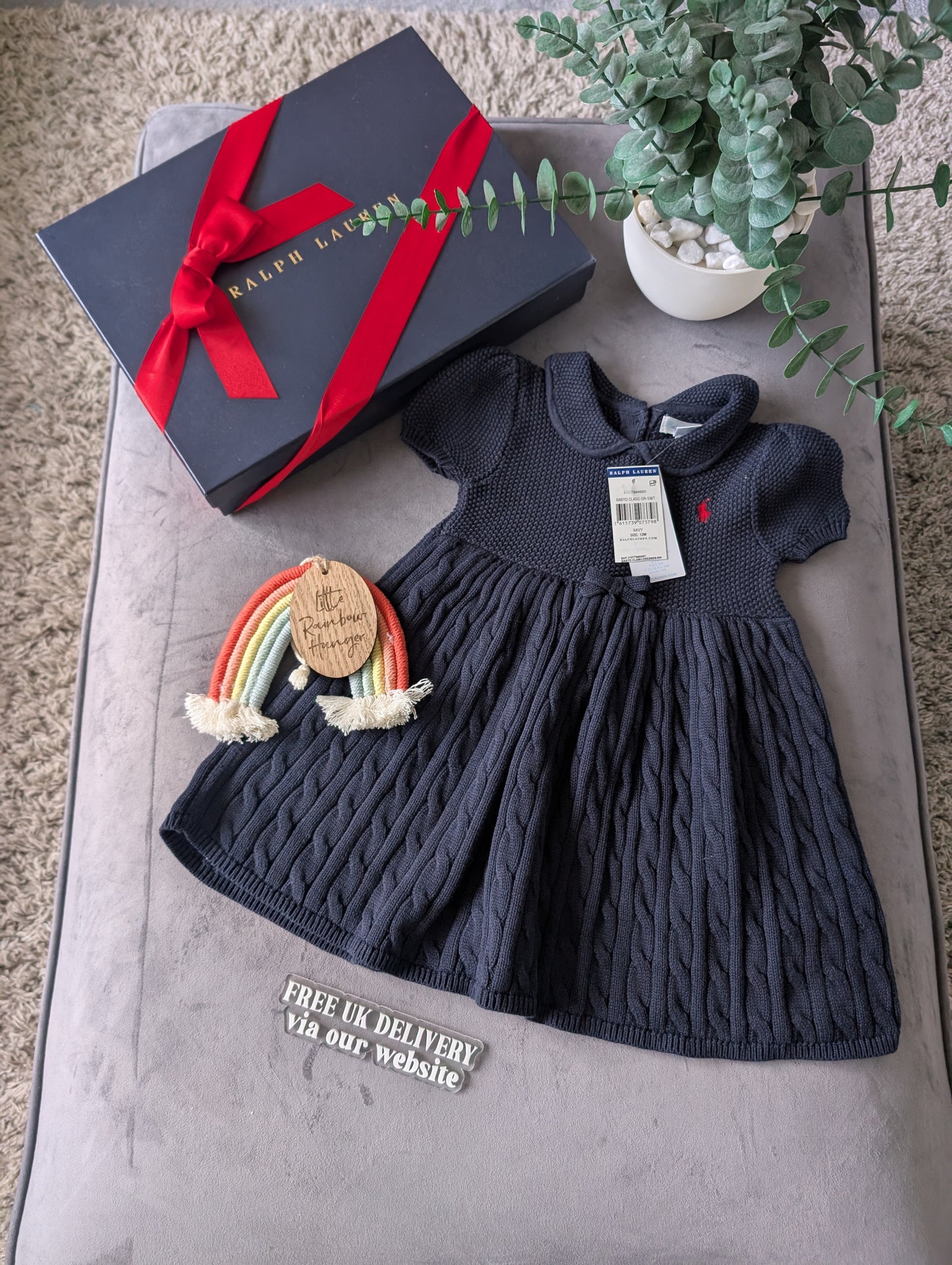 New Ralph Lauren Baby Girl Navy Knitted Cable Dress Occasion Gift 9-12m Cute