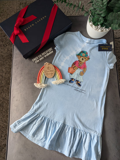 New Gorgeous Ralph Lauren Girls Blue Light  Dress 6-7y Gift Summer Bear Pretty