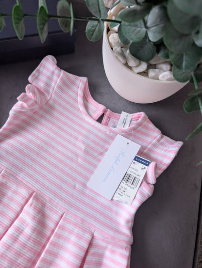 New Stunning Girls Ralph Lauren Pink Ribbed Stripe Dress Occasion 3-6m Gift