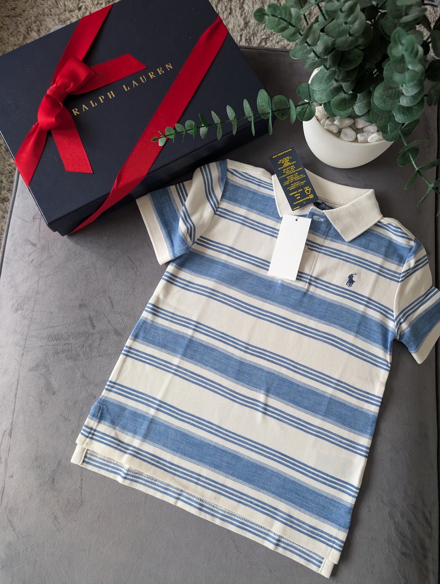 New Ralph Lauren Boys White Blue Stripe Smart Polo T Shirt Summer Gift Casual 4y