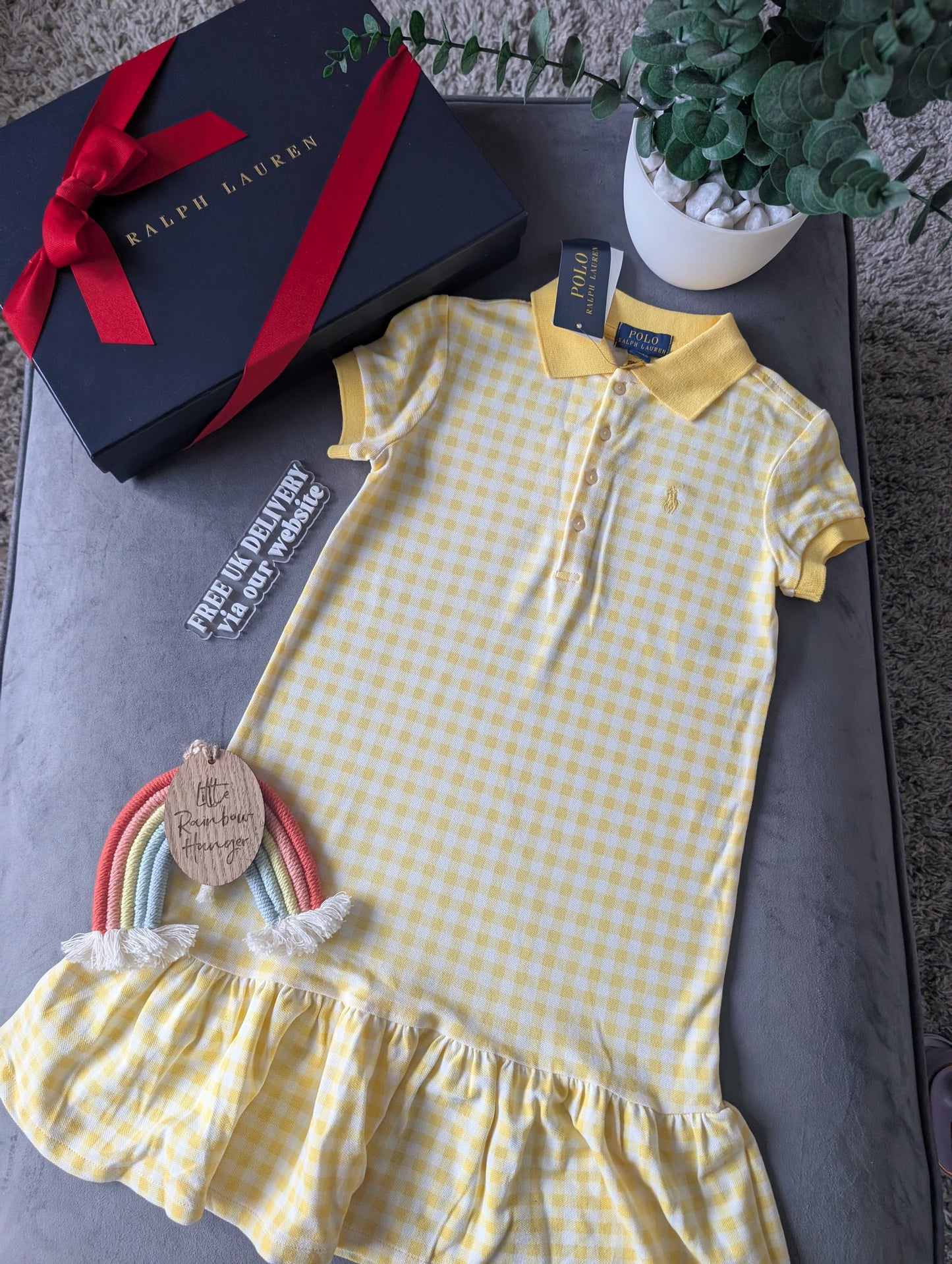 New Ralph Lauren Girls Yellow Gingham Checked Frill Summer Dress 7yr Pretty Gift