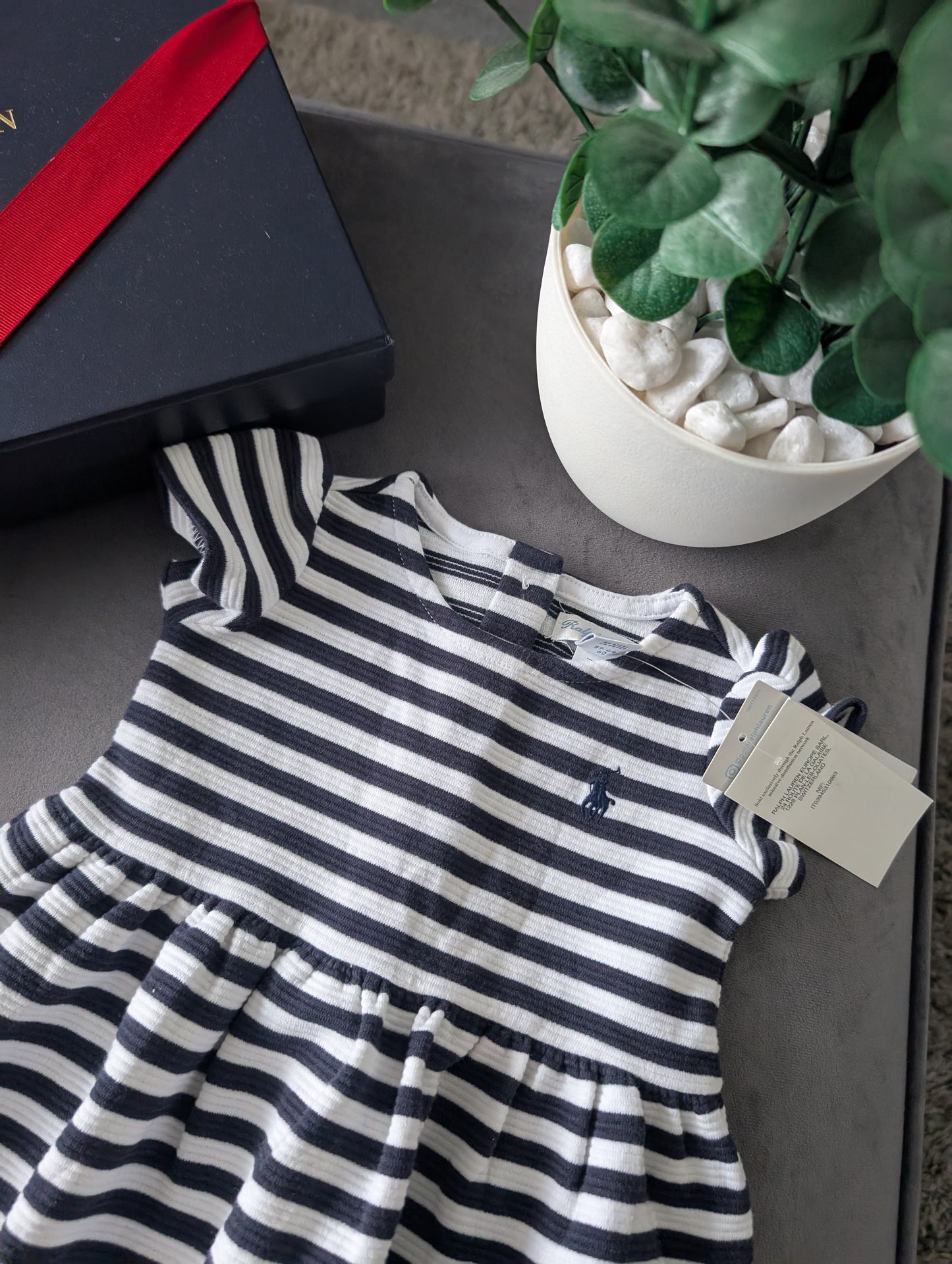 new polo Ralph Lauren French Navy/White Stripe dress Girls Age 0-3M ribbed smart