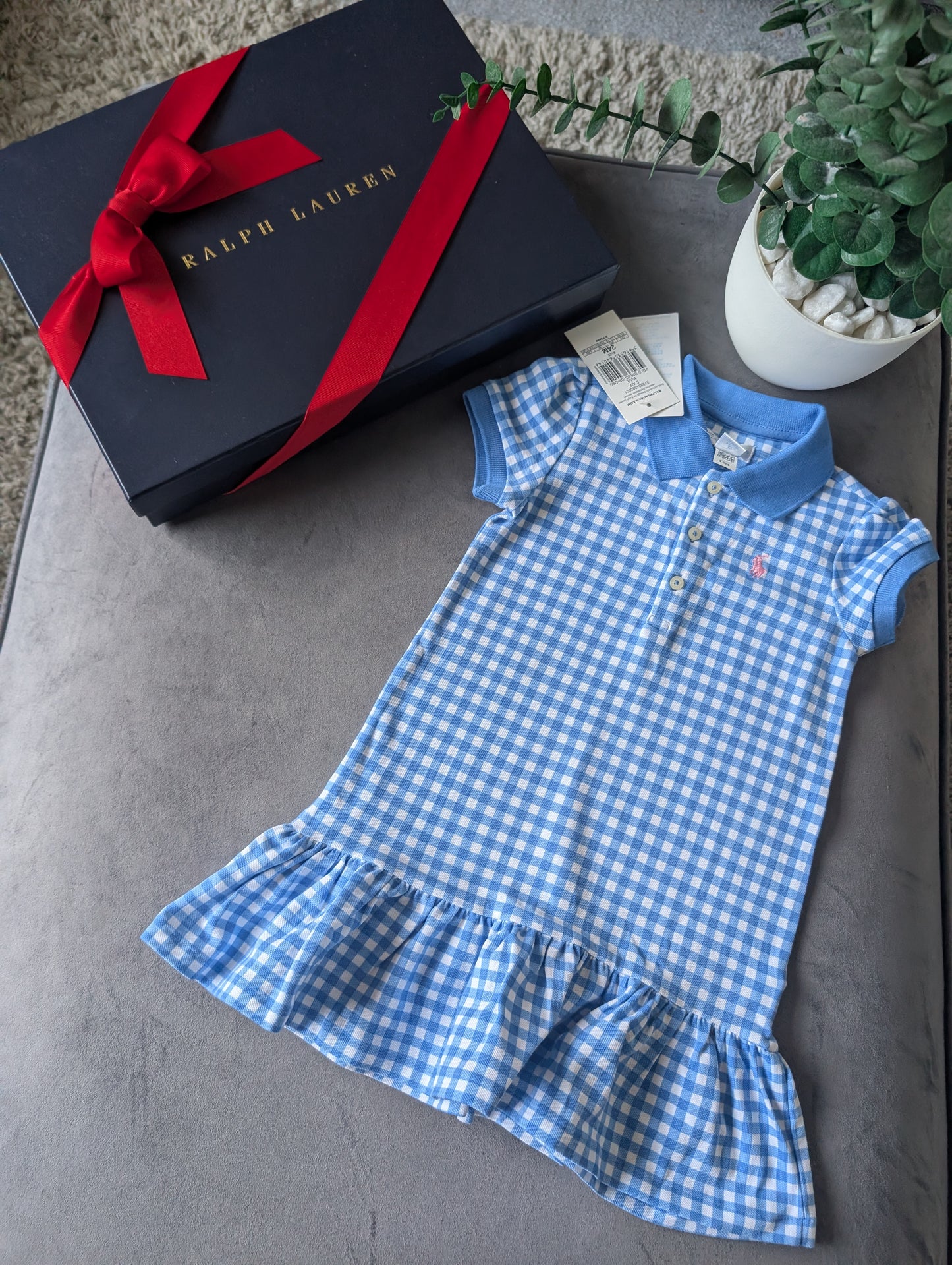 New Ralph Lauren Girls Blue Checked Polo Frill Summer Cute Dress Gift 18-24m