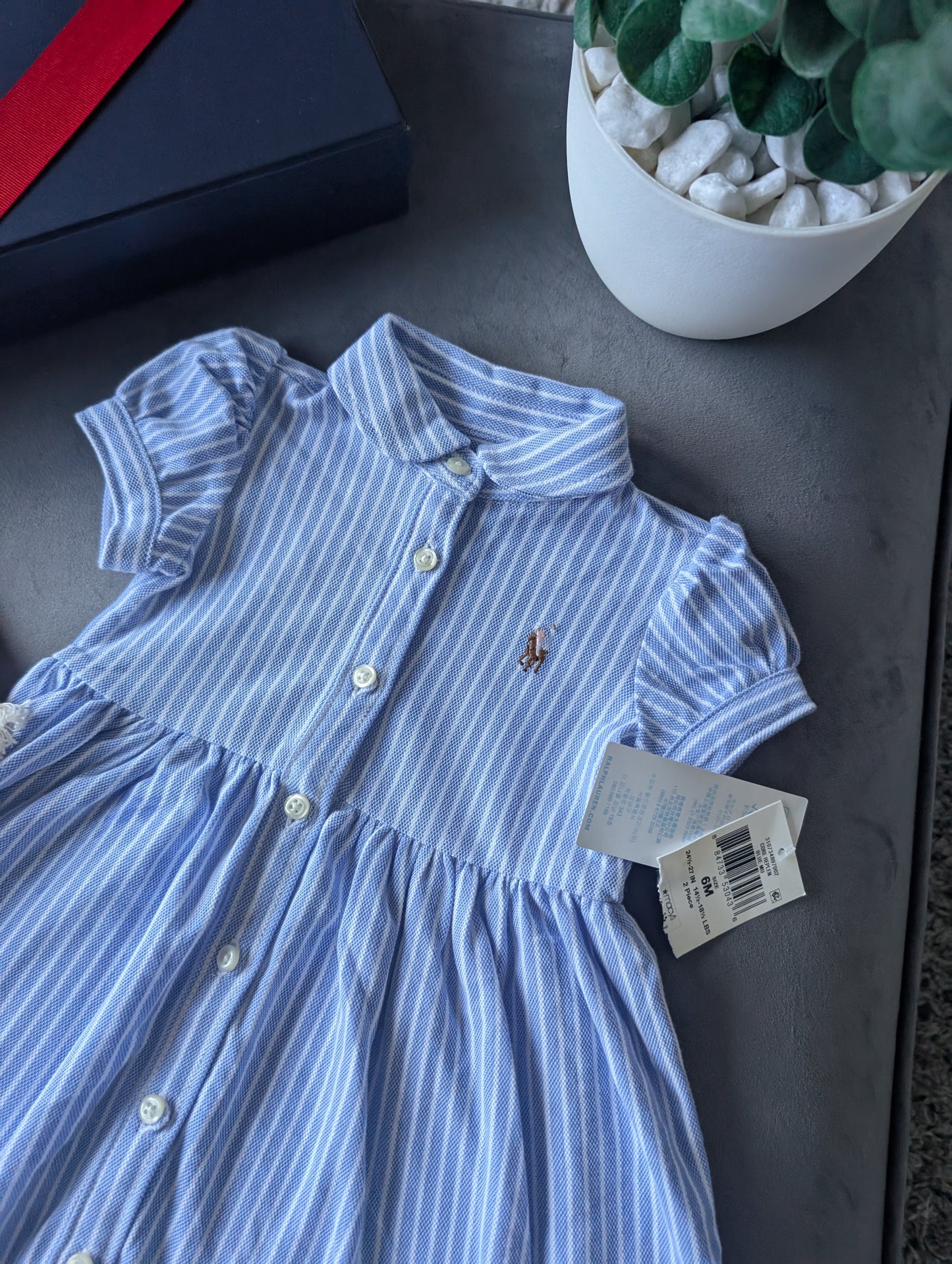 New Ralph Lauren Baby Girl Oxford Mesh Dress Blue Stripe Pretty Cute 3-6m Gift