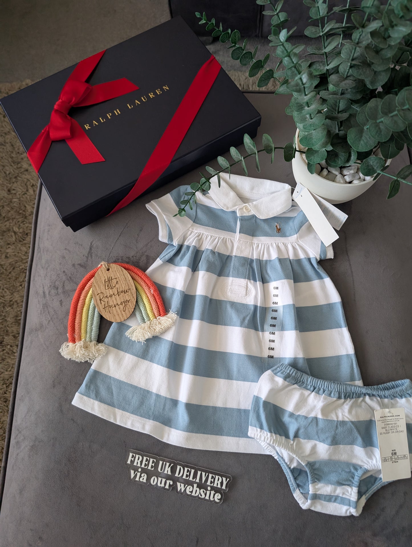 New Stunning Ralph Lauren Baby Girls Blue Cute  Stripe Dress + Bloomer 3-6m Gift