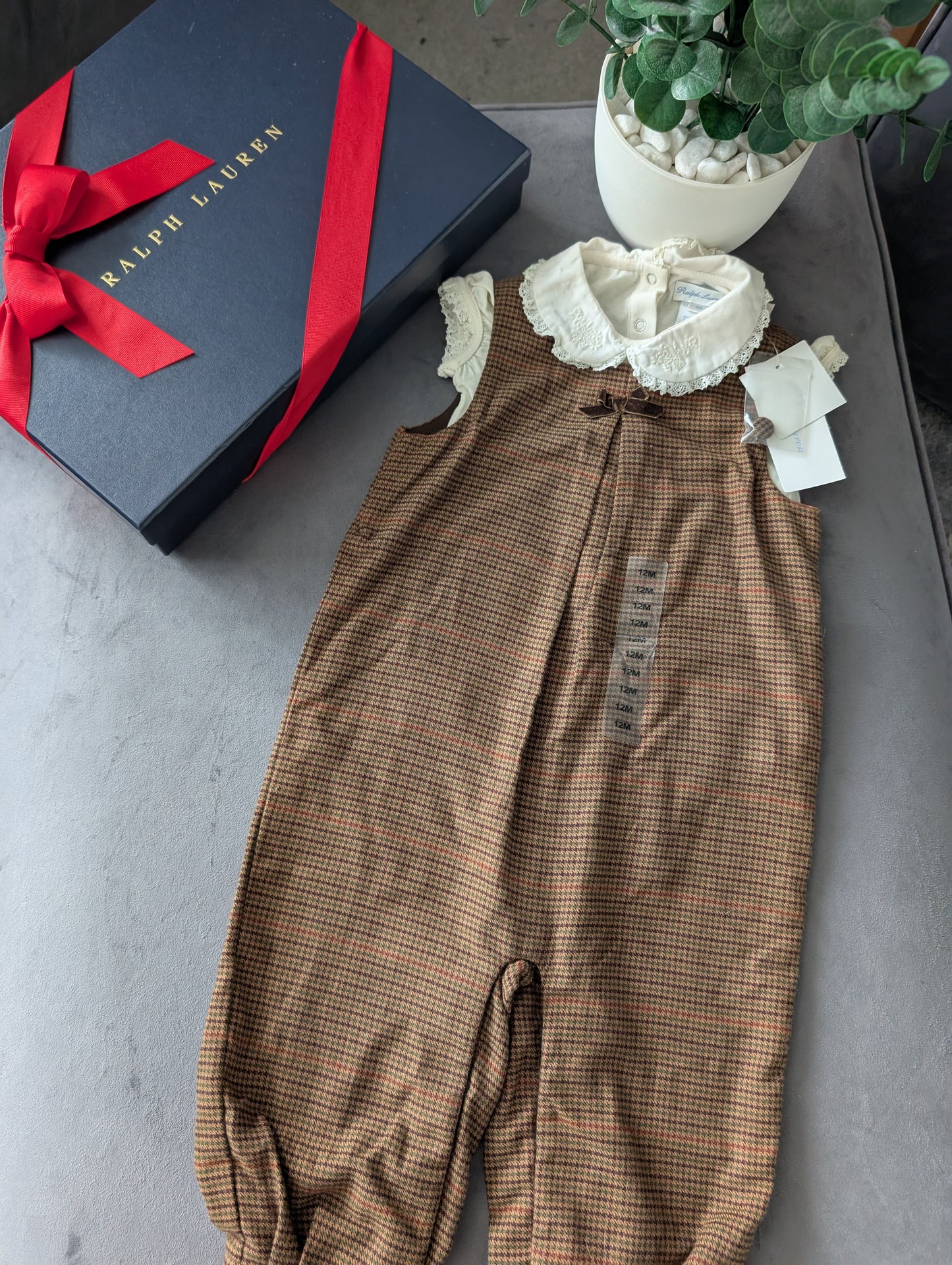 New Gorgeous Ralph Lauren Baby Girls 2-Piece Brown Check Dungaree Gift 9-12M