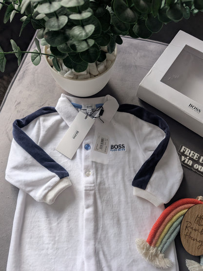 New Hugo Boss Baby Boy Ivory Blue Romper All In One 9-12m £75 Gift Smart Velour