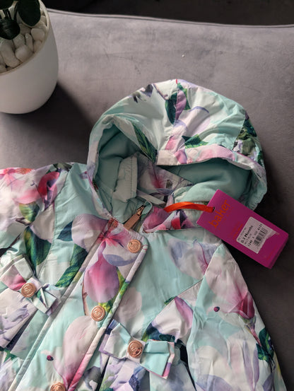 New Ted Baker Gorgeous Teal Floral Rain Coat Fleece Lined Floral Gift 0-3 Pretty