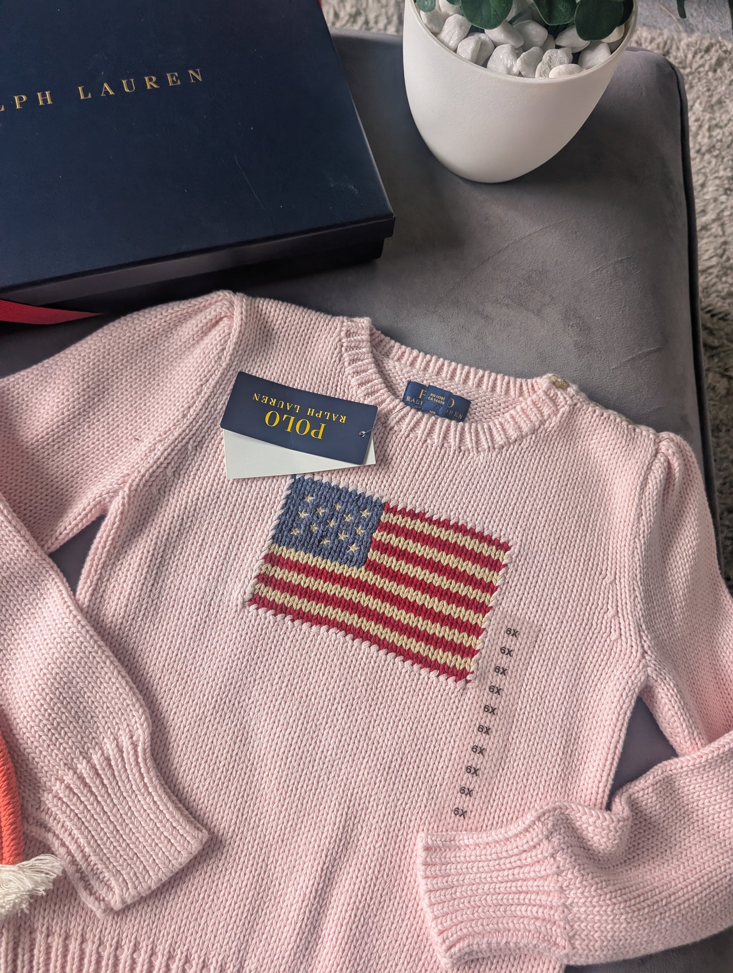 new gift boxed Polo Ralph Lauren baby pink American flag jumper autumn girls age 6 gift