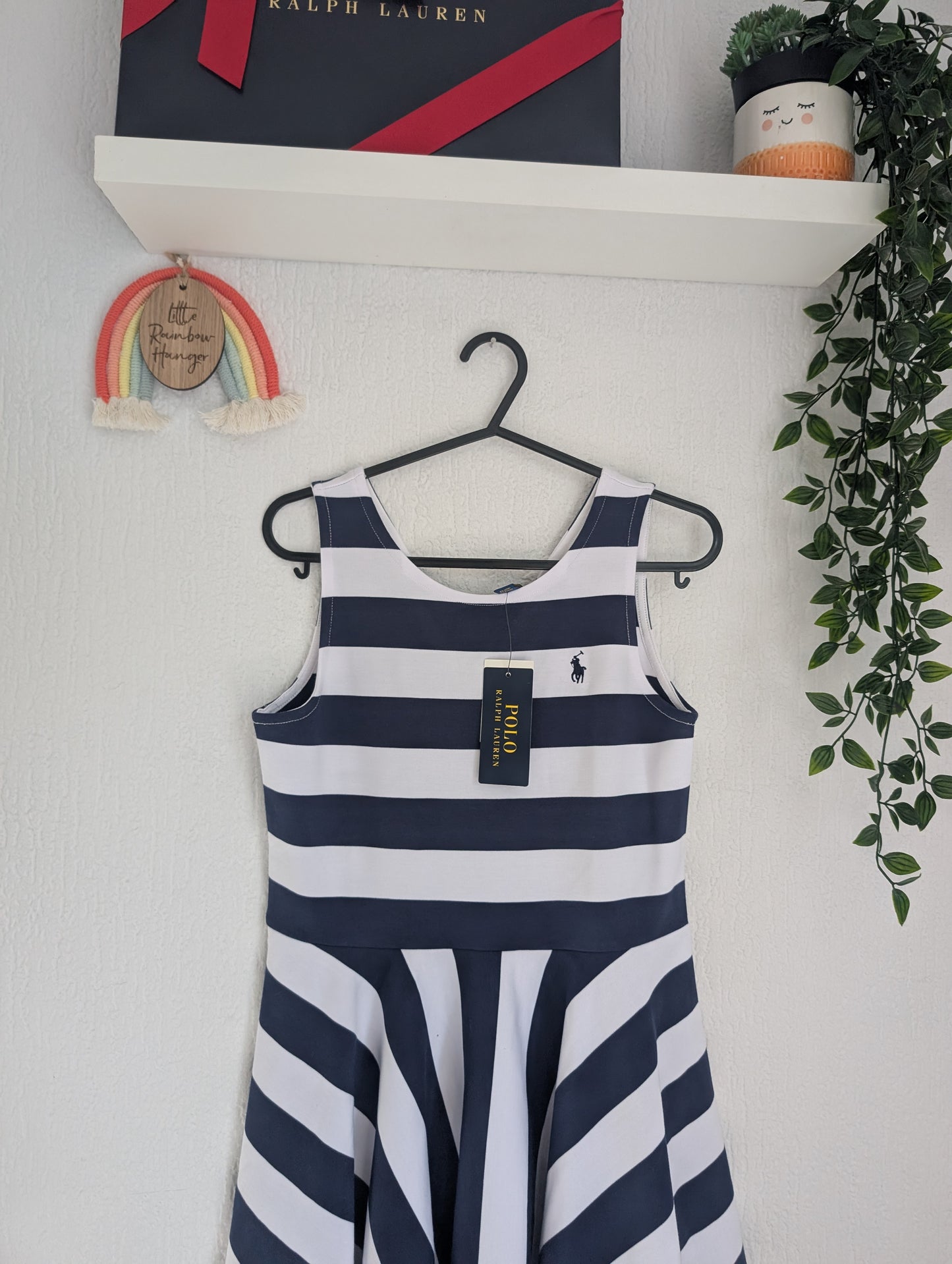 New Ralph Lauren Girls Navy White Stripe Sleeveless Swing Dress 10-11y Summer