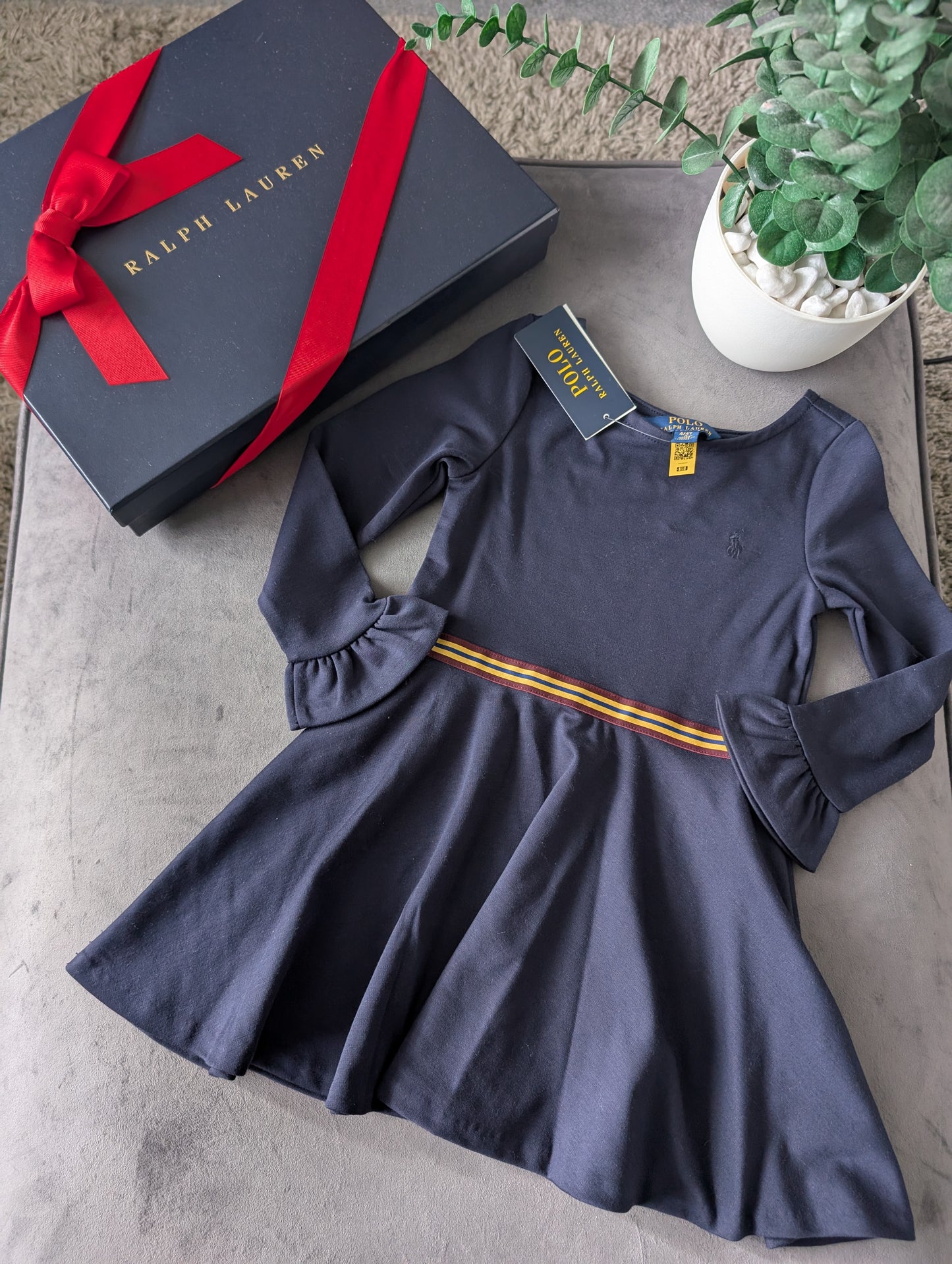 New Stunning Ralph Lauren Girls Ponte Frill Sleeve Navy Dress Belted Gift 3-4yrs