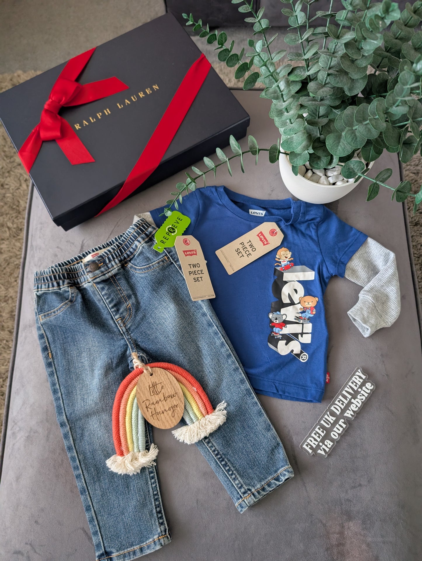 New Levi Baby Denim Pull Up Jeans + T Shirt Outfit Set Gift Smart Casual 6-9m