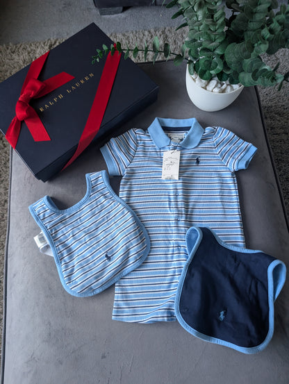 New Ralph Lauren Baby Boy Navy Blue Stripe Romper 6-9m Gift Cute Baby + 2 x Bibs