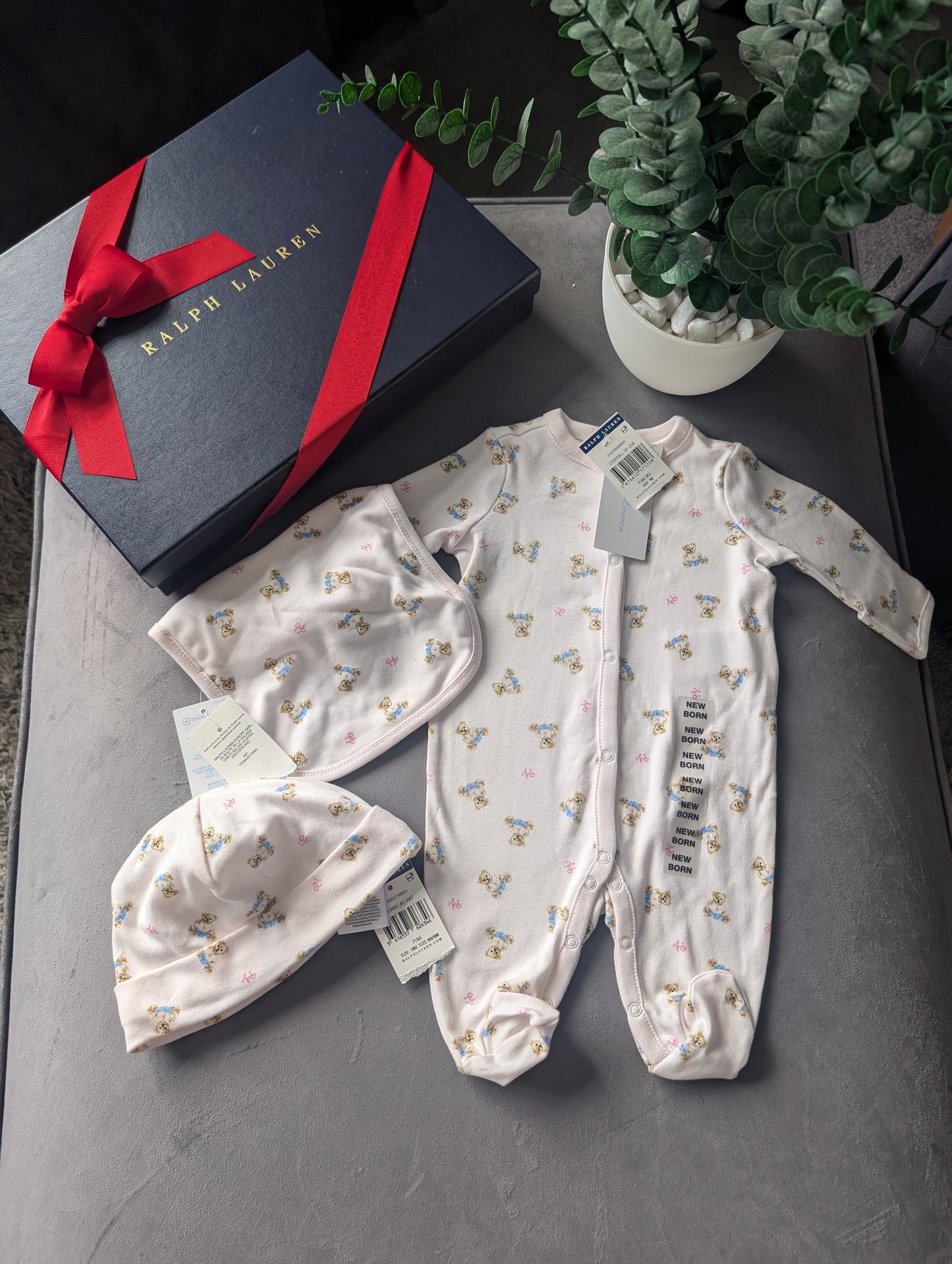 New Ralph Lauren Girls Pink Baby 3 Piece Gift Set Baby Bear Newborn Gift Ivory