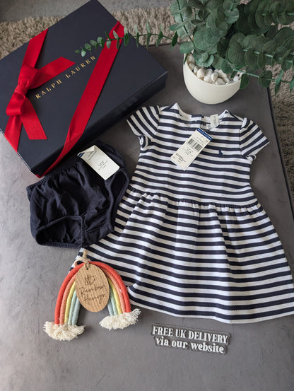 new polo Ralph Lauren French Navy/White Stripe dress Girls Age 6-9M ribbed smart