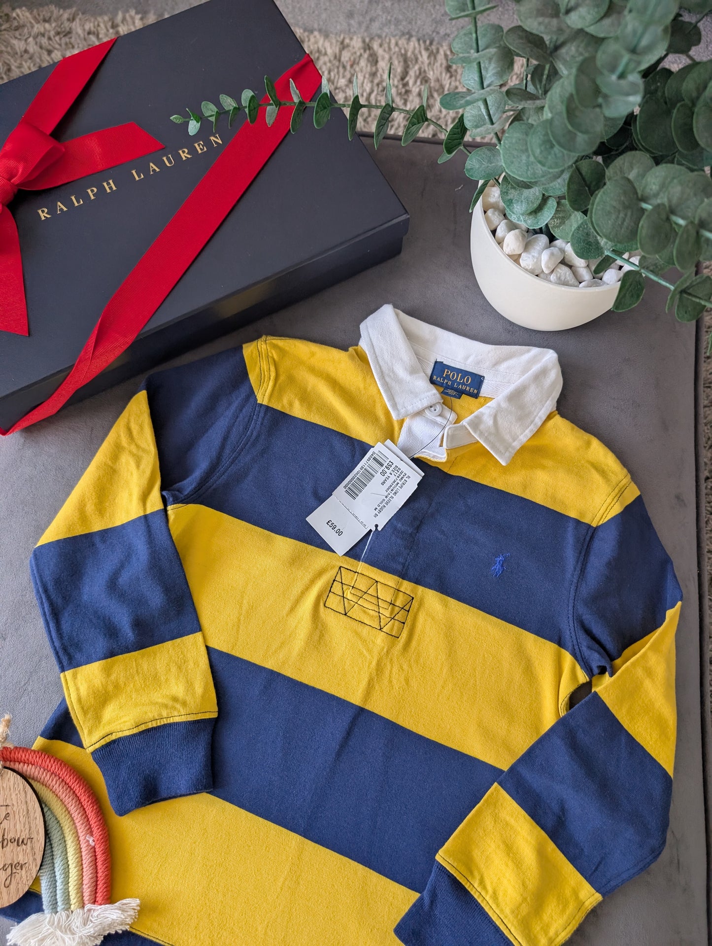 New Ralph Lauren Boys Rugby Style Stripe Long Sleeve Polo Yellow Navy 6 y Boys