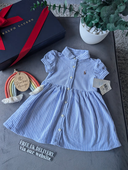 New Ralph Lauren Baby Girl Oxford Mesh Dress Blue Stripe Pretty Cute 3-6m Gift