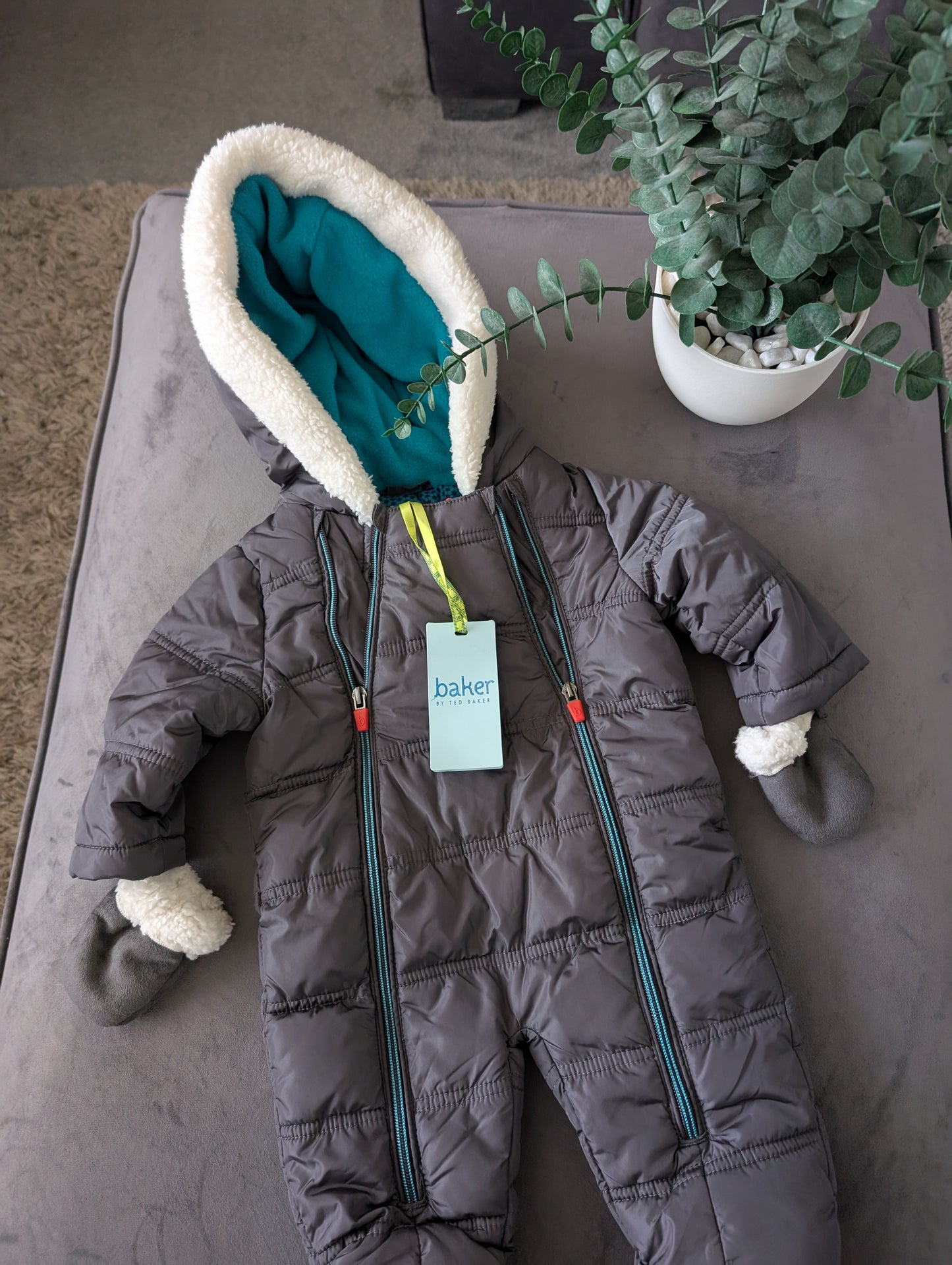 New Baby Boy Ted Baker Snowsuit All In One Suit 3-6 Months Grey Faux Fur Fleece