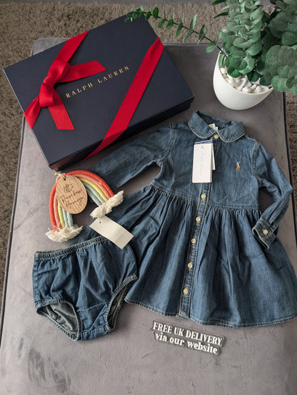 New Ralph Lauren girls denim style shirt dress occasion 6-9m Baby Gift £90