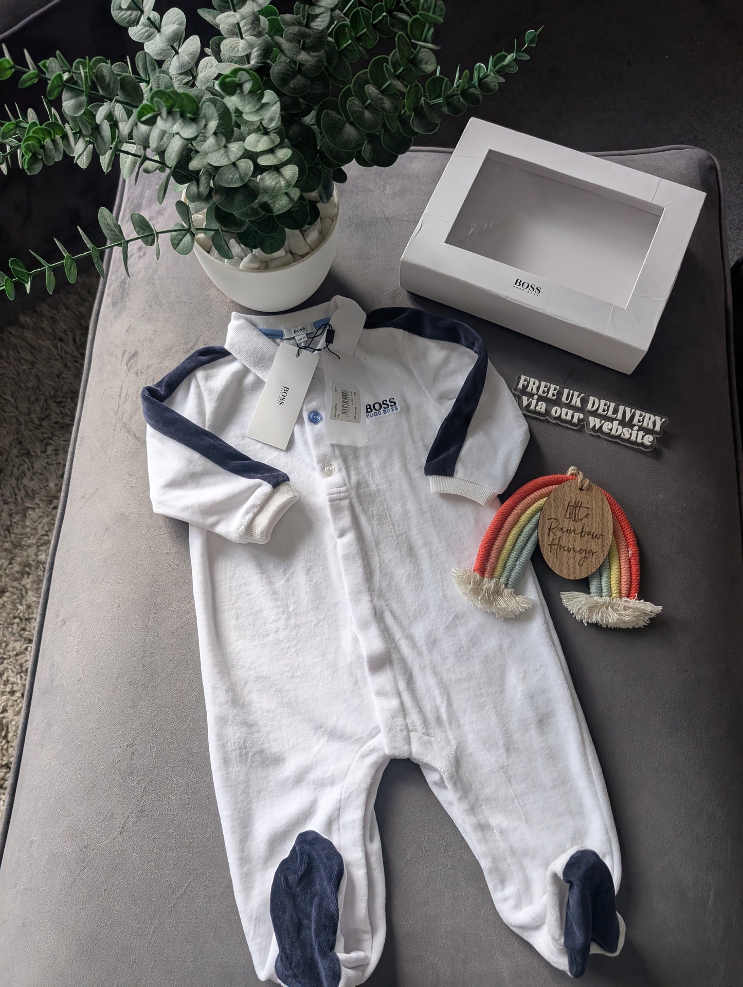 New Hugo Boss Baby Boy Ivory Blue Romper All In One 9-12m £75 Gift Smart Velour