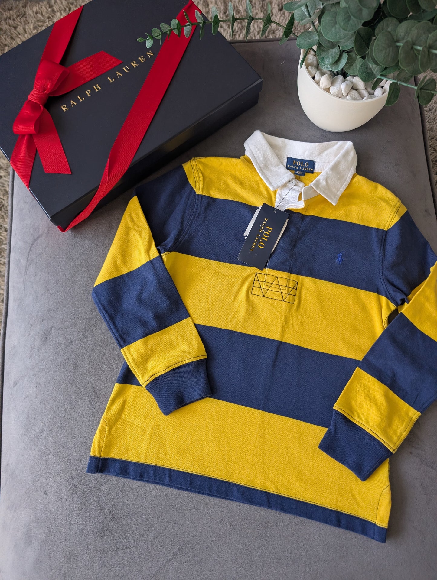 New Ralph Lauren Boys Rugby Style Stripe Long Sleeve Polo Yellow Navy 6 y Boys