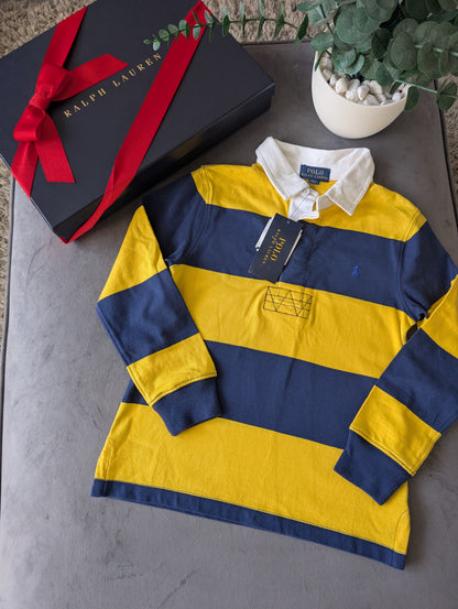 New Ralph Lauren Boys Rugby Style Stripe Long Sleeve Polo Yellow Navy 6 y Boys