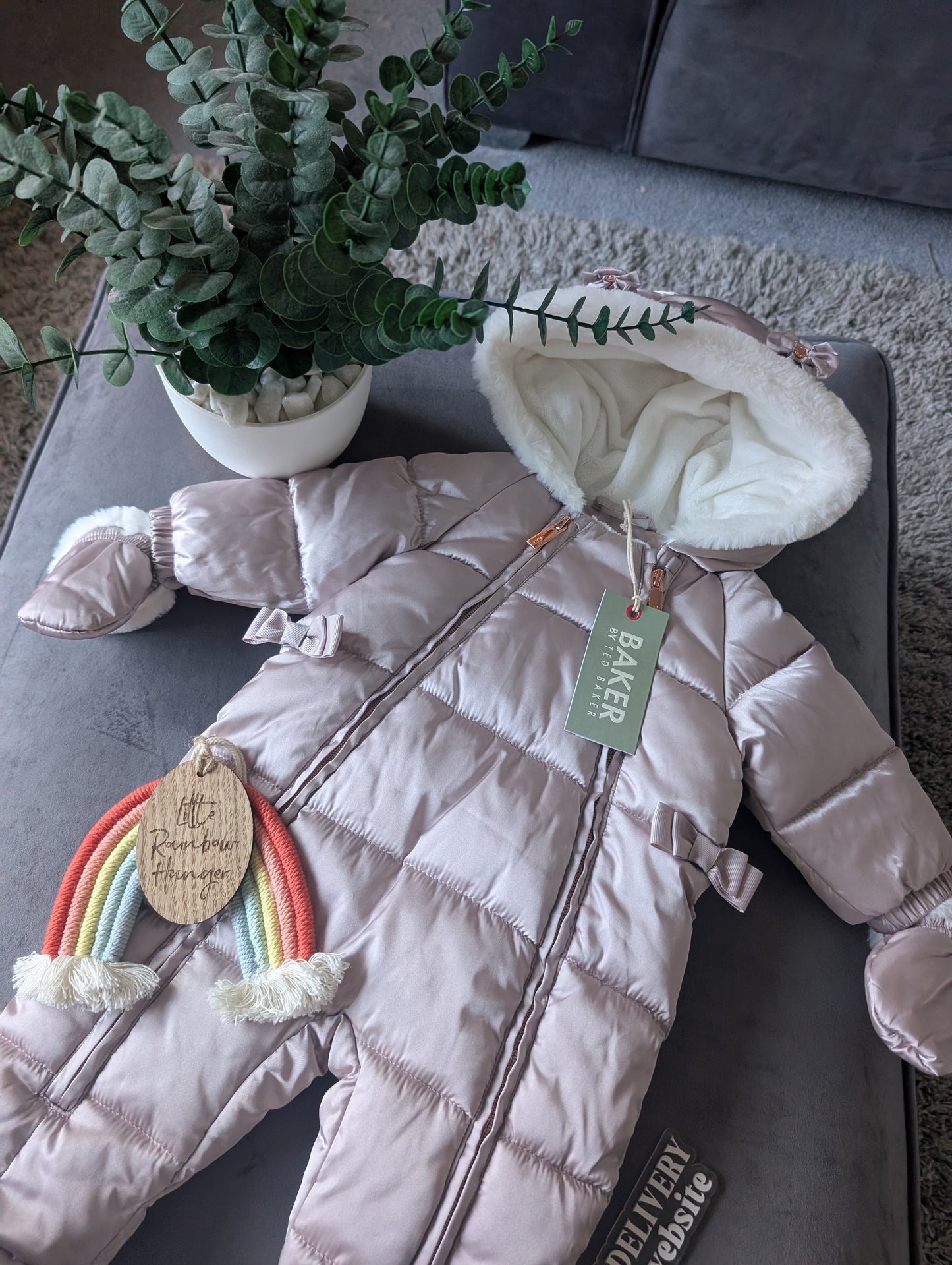 Ted Baker Silver Padded Ruffle Trim Snowsuit & Mittens Set Age 3-6mths BNWT £54