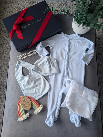 New Ralph Lauren Baby Boy Gift Set Basket Bear Romper Hat + Bib 6-9m Gift 4pc