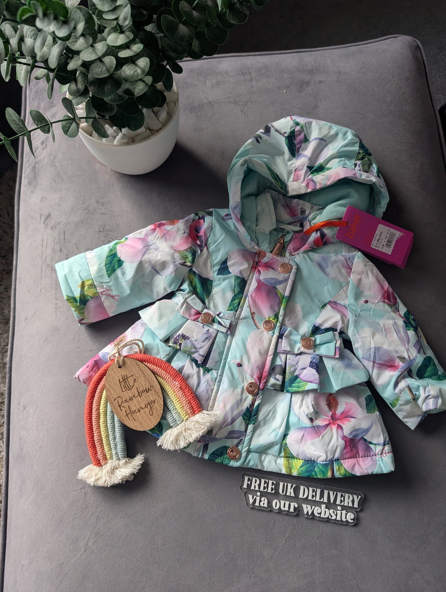 New Ted Baker Gorgeous Teal Floral Rain Coat Fleece Lined Floral Gift 0-3 Pretty