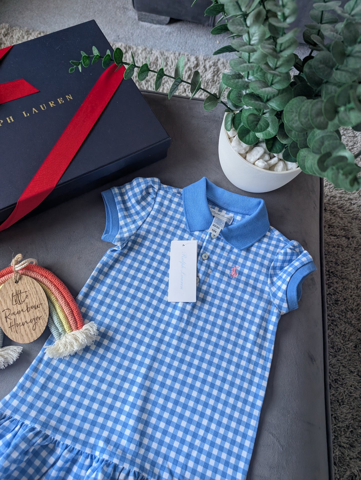 New Ralph Lauren Girls Blue Checked Polo Frill Summer Cute Dress Gift 18-24m