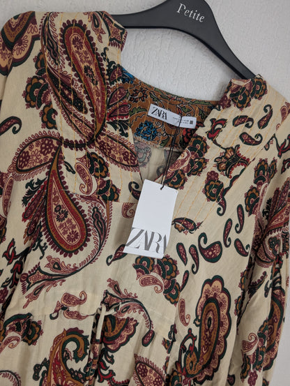 New ZARA MULTICOLOURED COTTON PAISLEY  V NECK SHORT DRESS Sz S BNWT £59.99🌻