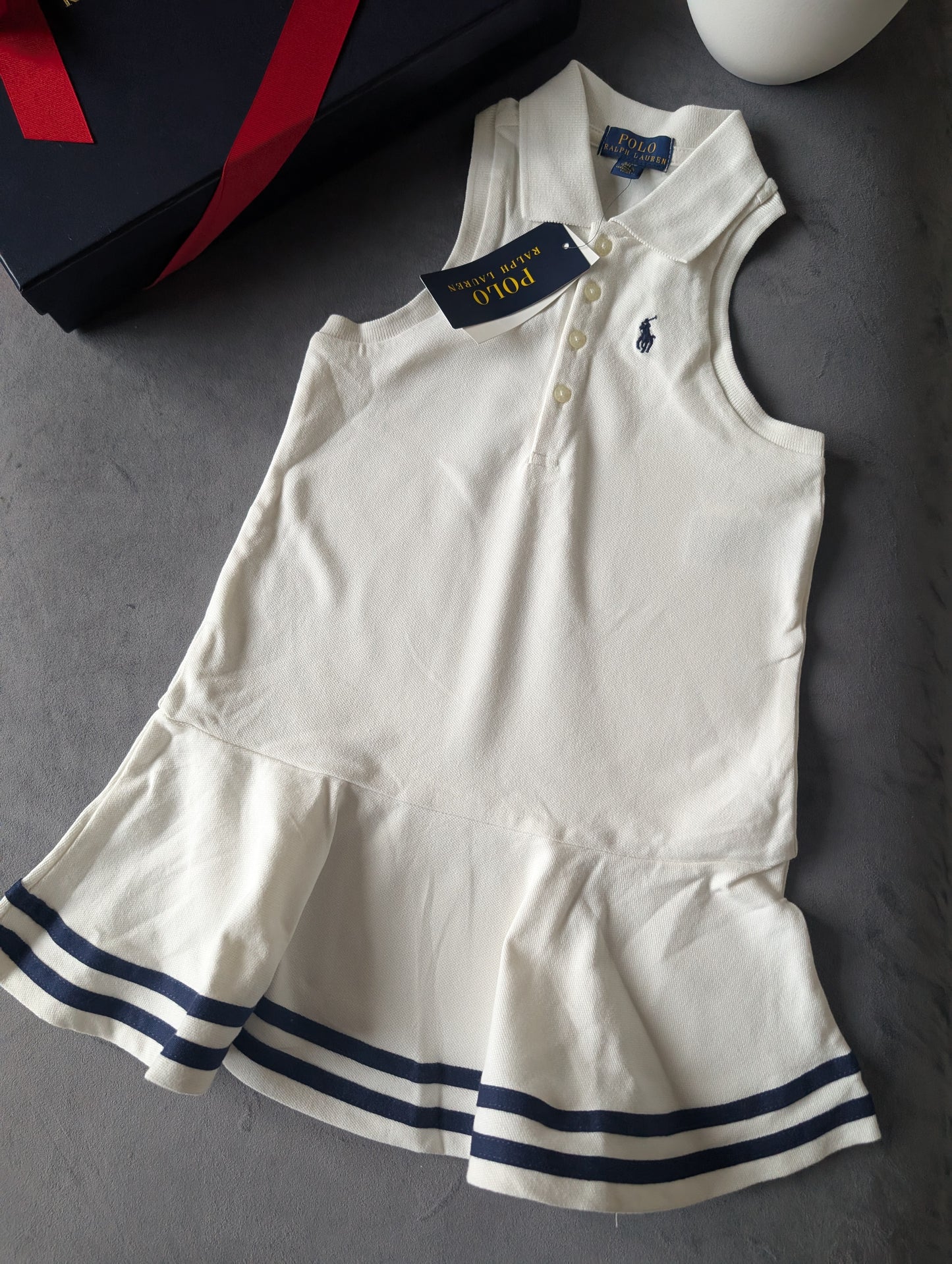 New Ralph Lauren Girls White Navy Stripe Polo Frill Sleeveless Dress Gift Age 4